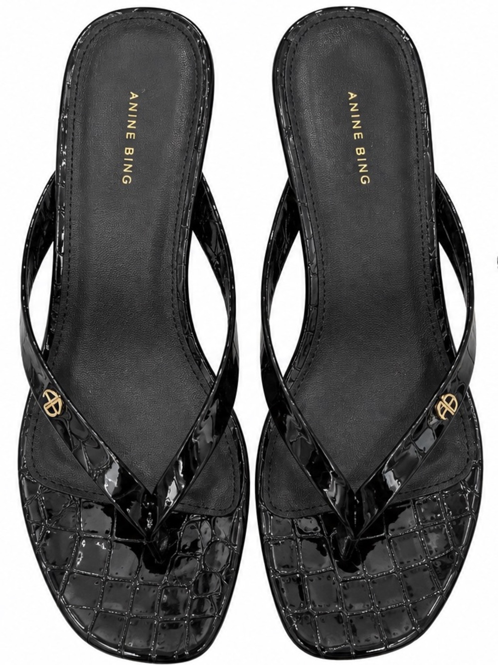Anine Bing Black Patent Croc-Embossed Kitten Heel Sandals – Size 40